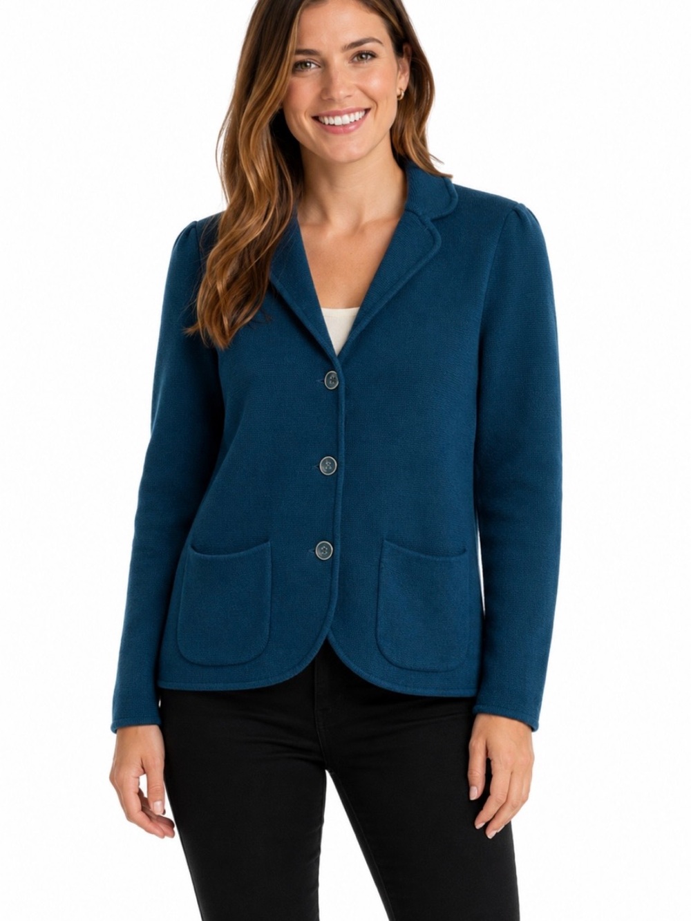 Talbots Merino Wool Sweater Blazer Small Petite Teal Blue Career Quiet Luxury